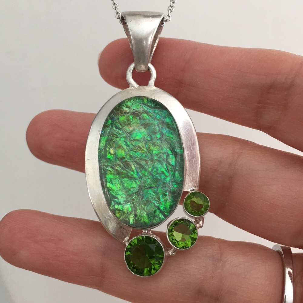 Ammolite peridot solid sterling silver pendant